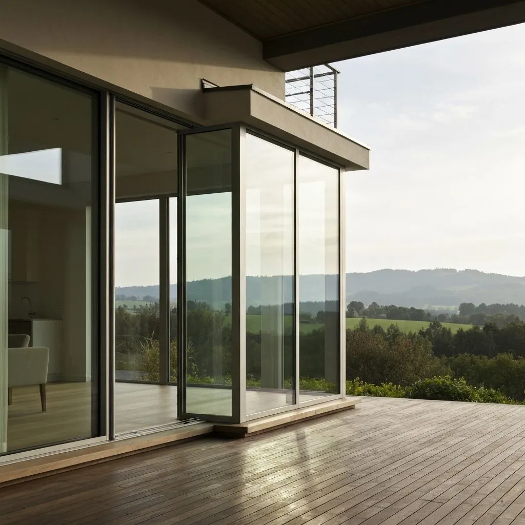 باب زجاجي منزلق كبير ونافذة كبيرة في منزل عصري