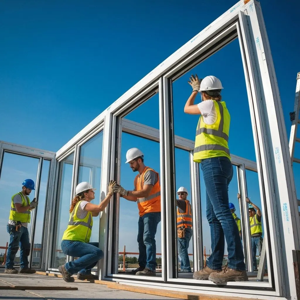 professional team installing modern windows on con